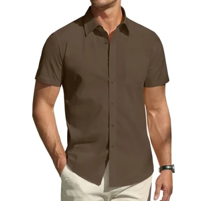 Imagen de DEMEANOR camisa de manga corta para hombre, informal negocios corte regular, camisas sin planchado, gris oscuro, M