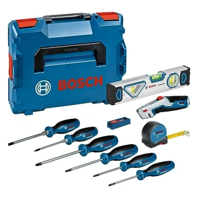 Imagen de Bosch Professional set de 13 herramientas manuales (incl. 6 destornilladores, 1 cinta métrica 5 m, nivel 25 cm, navaja, 10 hojas repuesto, en L BOXX)