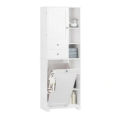 Imagen de SoBuy BZR104 W Armario Alto de Baño con Cesto para Ropa Sucia Mueble Columna Multifuncional 1 Puerta 6 Estantes y 2 Cajones Blanco 60 x 37 171 cm ES