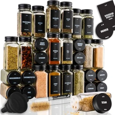 Imagen de Deco haus® juego de 36 tarros para especias rectangulares con etiquetas especias, inserto esparcidor, y