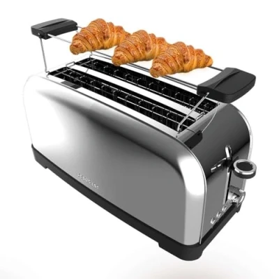 Imagen de Cecotec Tostador Vertical Toastin&#039; Time 1500 Inox, 1500W, Doble ranura larga y ancha 3,8cm, Varillas Superiores, Acero Inoxidable, Apagado Pop up Automático, Recogemigas