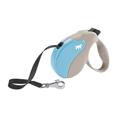 Imagen de Ferplast Correa Perro Extensible Amigo Medium, de Tamaño Mediano hasta 25 Kg. Cinta máxima 5 m. Botón Bloqueo y liberación único, Beige, Cubierta Azul Claro