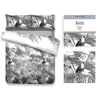 Imagen de AmeliaHome Averi Toucan Juego de Cama (3 Piezas, 160 x 200 cm, con 2 Fundas Almohada 70 80 100% algodón, Cremallera, Hojas, Palmeras, Color Gris, Negro, Blanco, Toucan)