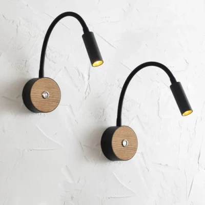 Imagen de ouglres Lámpara de Lectura Pared Montaje 2pcs,Led Con Interruptor,Industrial Madera y Negro,360 Giro Cuello Cisne Cama Dormitorio,Pasillo Cuarto Baño