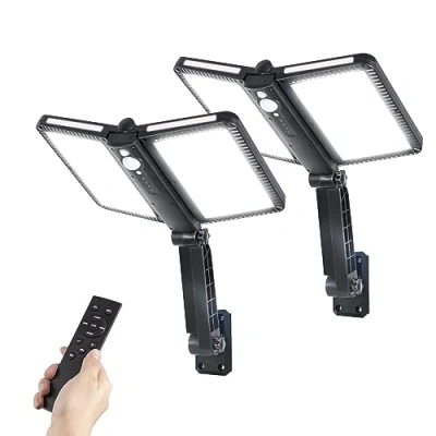 Imagen de Moman Farolas Solares Exteriores, 2 Piezas Luz Solar Exterior con Sensor de Movimiento 218 LED Foco Control Remoto Impermeable IP65 para Garaje Jardín Patio, Farola