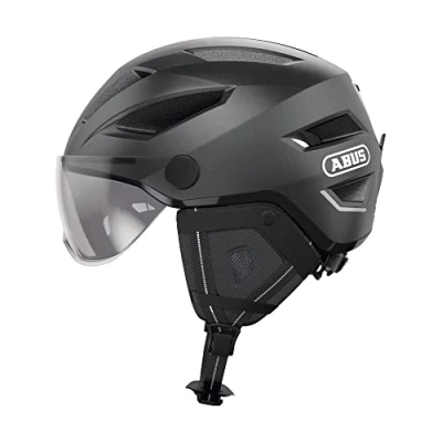 Imagen de ABUS casco de ciudad Pedelec 2.0 ACE bicicleta con luz trasera, visera, protector lluvia, protección para las orejas hombres y mujeres gris oscuro, talla L