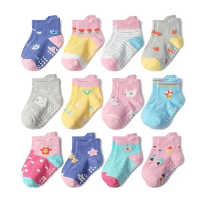 Imagen de Yafane 12 Pares de Calcetines Antideslizantes para Niños Pequeños Infantil Recién Nacido Algodón Bebés 0 7 años (FR/ES, Edad, 5 años, Multicolor 2)