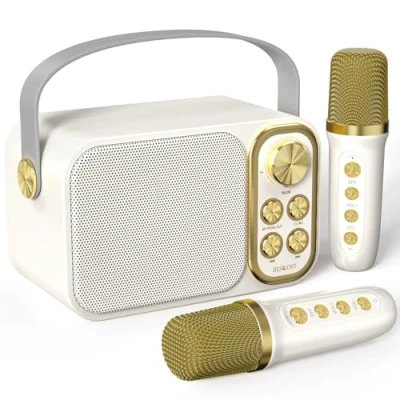 Imagen de BESCOST Karaoke Profesional con 2 Micrófonos Inalámbricos, Bluetooth Altavoz para Niños, Portátil Máquina de Ideal Boda, Fiesta, Cumpleaños（Blanco）
