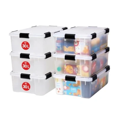 Imagen de Iris Ohyama 6 Cajas herméticas de plástico con tapa y cierres a presión, 30L, Transparente, sello impermeable, apilables, antipolvo, para ropas, camping, exteriores, cubo almacenaje, box, AT LS