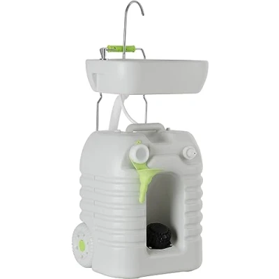 Imagen de Stagecaptain PSW 45 Quixie Lavabo de camping portátil Estación móvil soporte fregadero viaje al aire libre con tanque mecánico L e bomba pie Función ajustable y carro
