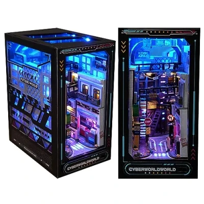 Imagen de Book Nook kit de bricolaje, casas muñecas, construcción en miniatura, con luz LED, rompecabezas madera 3D, esquina, estantería, regalo creativo (futuro cercano)