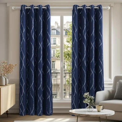 Imagen de Deconovo Cortinas Opacas Diseño Líneas Plateadas para habitación con Ojales 140 x 240 cm 2 Paneles Azul Marino