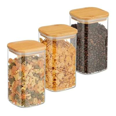 Imagen de Relaxdays Botes Cristal con Tapa Bambú, Set de 3, Recipientes Cuadrados 1200 ml, Tarros Herméticos, Transparente/Natural