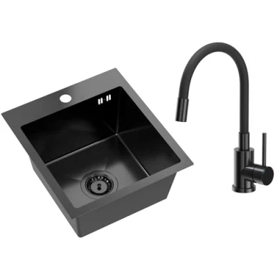 Imagen de VBChome fregadero de acero inoxidable con grifería, 40 x 45 cm, color negro, inoxidable, empotrable orificio para grifo, grande, sifón grifo PVD