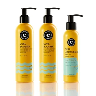 Imagen de COCUNAT Curly ESSENTIALS 1x Moisturizer Leave in (Acondicionador Sin Aclarado) + 2x Booster (Gel Definición) Define, Nutre, Elimina el frizz Rizos Profesionales en 2 pasos Método