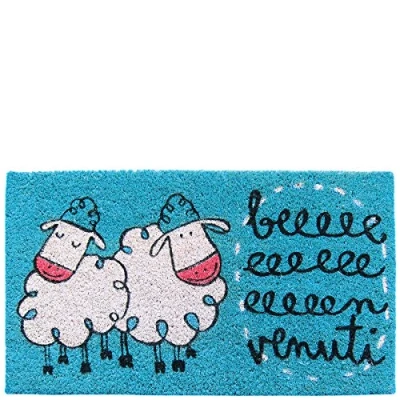 Imagen de Laroom Felpudo diseño Beeeeenvenuti, Jute &amp; Base Antideslizante, Azul, 40x70x1.8 cm