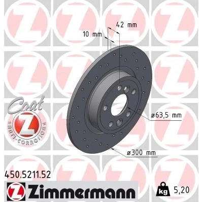 Imagen de ZIMMERMANN 450.5211.52 Disco de freno 300 10 6/5 5 108 macizo, perforado revestido JAGUAR: E Pace, LAND ROVER: Discovery Sport