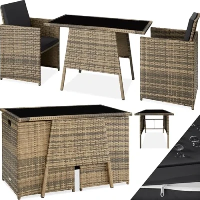 Imagen de TecTake® Conjunto Jardín Exterior de Ratán y Aluminio, Muebles Resistente a la Intemperie, 2 Sillas con Cojines, Mesa Cristal Florero, Apilable, Fundas Extraíbles Natural