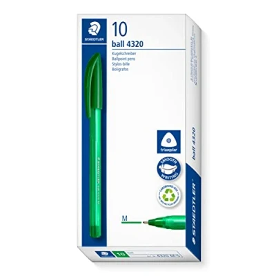 Imagen de STAEDTLER Bolígrafo triangular, color de escritura verde, ancho línea M aproximadamente 1,0 mm, para una relajada, 10 bolígrafos verdes en estuche cartón, 4320 5