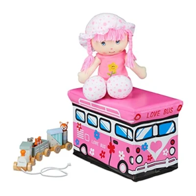 Imagen de Relaxdays Caja Plegable para Juguetes, Bus Rosa, Baúl Almacenamiento con Tapa, Acolchado, 27 x 40 25 cm Aprox, 1 Unidad