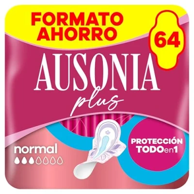 Imagen de Ausonia Plus Normal, 64 Compresas con Alas, Protección Todo en Uno