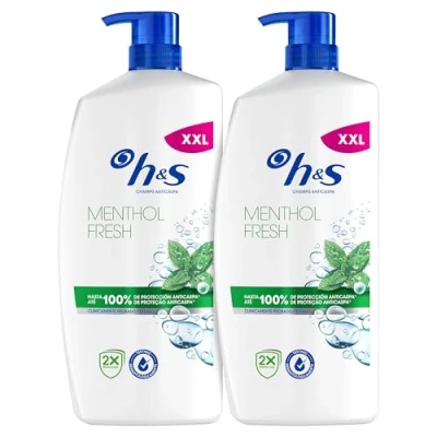 Imagen de H&amp;S Menthol Fresh Champú Anticaspa 2x1000ml con Dispensador, Para Uso Diario. Hasta 100% de Protección Anticaspa, Clínicamente Probado. Todo Tipo Pelo y Cuero Cabelludo Frescor, Aroma a Mentol
