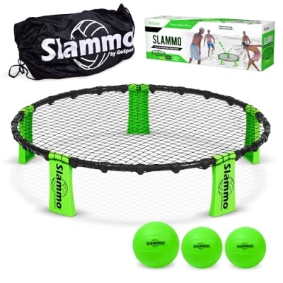Imagen de GoSports Slammo Set de Juego (Incluye 3 Pelotas, Estuche Transporte y Reglas). Red Redonda para Exteriores, césped, Playa reuniones al Aire Libre, niños, Adolescentes Adultos
