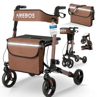 Imagen de Arebos Caminador Andador Aluminio con Ruedas 136 kg Marrón Altura regulable Incluye Soporte para baston