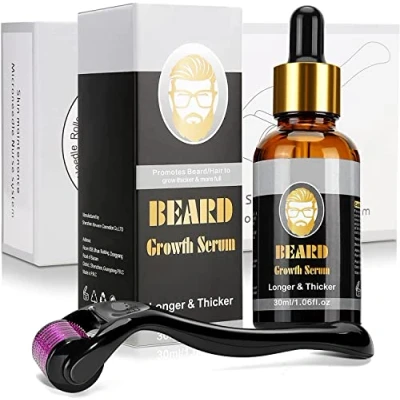 Imagen de Dessnill Kit Estimular Crecimiento de Vello Facial Perfecto, Cuidado Barba, Dermaroller 0.5mm Rodillo Derma + Aceite Suero