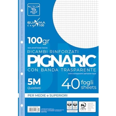 Imagen de Pigna 02222375M, repuesto con banda reforzada, tira de 5 m, cuadrados mm para segundo y tercer grado, papel 100 g/m², paquete 40 hojas