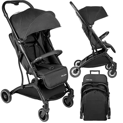 Imagen de Moby System Cochecito plegable de hasta 15 kg, 6 36 meses, carrito avión, cesta grande la compra, incluye bolsa y protector lluvia, color negro