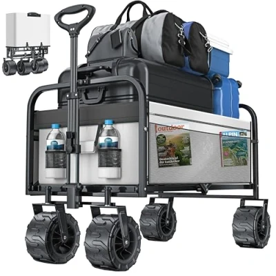 Imagen de KESSER® Carro Plegable con Ruedas Anchas Transporte de Mano 2 Bolsas Red Neumáticos Goma Maciza Carrito Jardín Gris