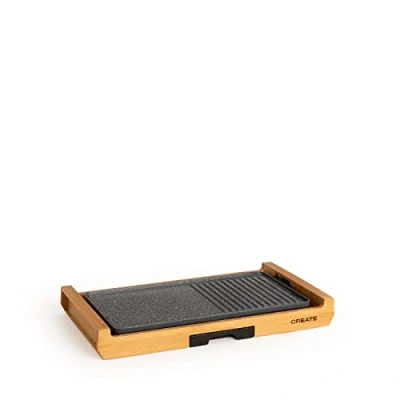 Imagen de CREATE/STONE FLAT BAMBOO/Plancha de asar eléctrica/Bandeja doble dibujo, plancha y grill, termostato regulable, libre BPA, bambú natural, 1800W
