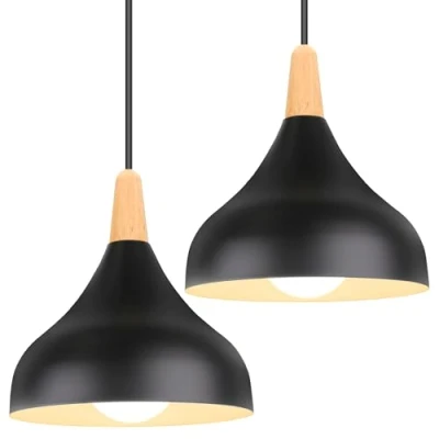 Imagen de iDEGU Lámpara de techo Retro LED Colgante moderna Estilo Gota E27 Iluminación Vintage en Madera Metal para Dormitorio Comedor Cocina, 20cm (Negro, 2 Piezas)
