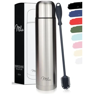 Imagen de Milu Termo de café 1l Botella térmica aislada, Frasco Vacío Acero inoxidable, Sin BPA Doble Pared Aislamiento al Vacio 100% a prueba fugas (Acero 1000 ml)