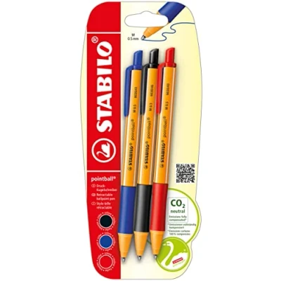 Imagen de Bolígrafo retráctil fabricado en un 79% con plásticos reciclados STABILO pointball Pack 3 colores