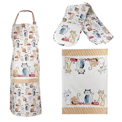 Imagen de SPOTTED DOG GIFT COMPANY Juego 3 Paño de Cocina, Delantal y Manoplas Horno Doble, 100% Algodón Diseño Gatos, Regalos Originales para Mujer, Cocineros Amantes los Gato