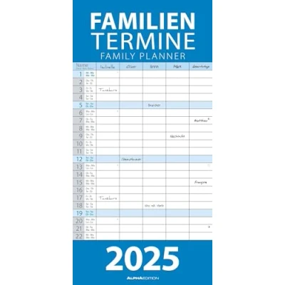 Imagen de Alpha Edition Planificador familiar azul 2025, 22 x 45 cm, calendario con 5 columnas para citas, horarios, semanas, fechas de vacaciones DE/AT/CH, internacional