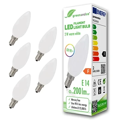 Imagen de greenandco 5x Bombilla de filamento LED IRC 90+ E14 opaca 2W (corresponde a 20W) 200lm 2700K (blanco cálido) 360 230V AC vidrio, sin parpadeo, no regulable