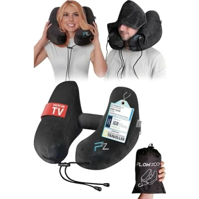 Imagen de FLOWZOOM Almohada de Viaje Hinchable Cojín Cuello con Capucha Felpa para Máxima Privacidad y Confort Avión, Tren Coche Talla L Negro
