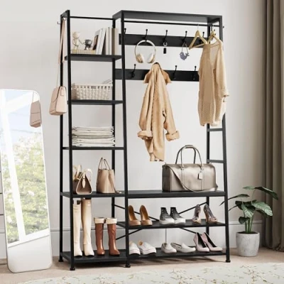 Imagen de YITAHOME Perchero con Almacenamiento de Zapatos, Árbol Pasillo Independiente Banco Industrial 5 Estantes Barra para Ropa Dormitorio Sala Estar Entrada, Negro