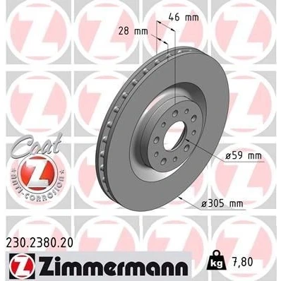Imagen de ZIMMERMANN COAT Z 230.2380.20 Disco de freno 305 28 10/5 5 98 ventilación interna revestido FIAT: 500L, Doblo II Furgón / Familiar, Familiar