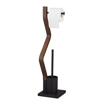 Imagen de Relaxdays Escobillero Portarrollos de Pie, Madera y Acero, Accesorio WC Dos en Uno, 75 x 18,5 cm, Negro Marrón, Tablero Fibras, 1 Unidad