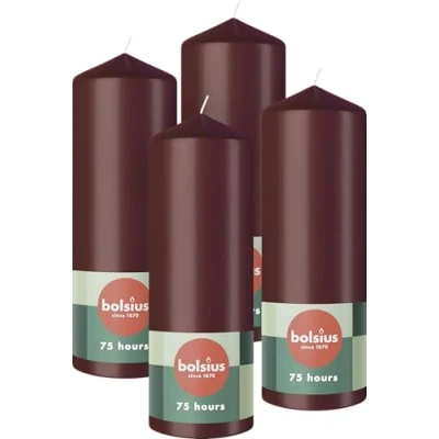 Imagen de Bolsius Pillar Candles Velas decorativas para el hogar, color rojo oscuro, 4 unidades, 20 x 7 cm, larga duración de combustión 75 horas, sin perfume, 5% cera vegana natural, aceite