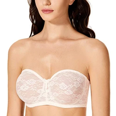 Imagen de DOBREVA Sujetador Encaje Sin Tirantes con Aros Invisible para Mujer Rosa Blanca 85D