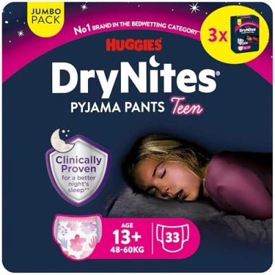 Imagen de Huggies DryNites Pañales de Noche para Niña 13+ (48 60 kg), Clínicamente Probado con 5 Capas Máxima Protección Nocturna, 3 Packs 11, Total 33 Bragas Absorbentes