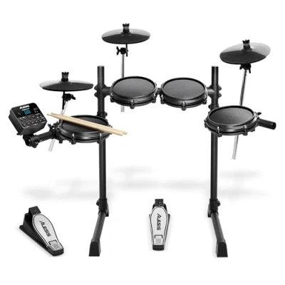 Imagen de Alesis Turbo Mesh Kit Batería Electrónica Musical de 7 Piezas Malla, 100+ Sonidos, 30 Pistas Acompañamiento, Bastidor Acero Gran Robustez, Cables, Baquetas y Llave