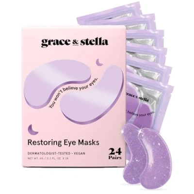 Imagen de Grace &amp; Stella Parches Ojos, Ojeras y Bolsas Hidrogel para Ojos con Retinol Ácido Hialurónico 24 Pares, color Morado, Vegano, No Testado en Animales