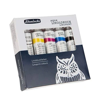 Imagen de Schmincke aqua LINOLDRUCK, juego de impresión linóleo con 5 tubos 20 ml, 82 005 097, las mejores tintas linóleo, contornos nítidos, uniforme, colores brillantes, mejor resistencia a la luz