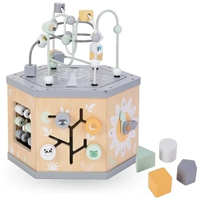 Imagen de Mamabrum, Cubo de Aprendizaje Madera 7 en 1 Bucle Motor, ábaco Colores, Reloj, números rotados, clasificador Formas, Engranajes giratorios, Centro Actividades Laberinto
